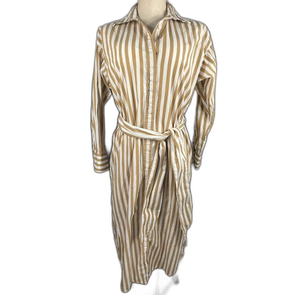J.Crew Striped Cotton Relaxed Midi Shirt Dress 0 Camel Tan White Preppy Quiet